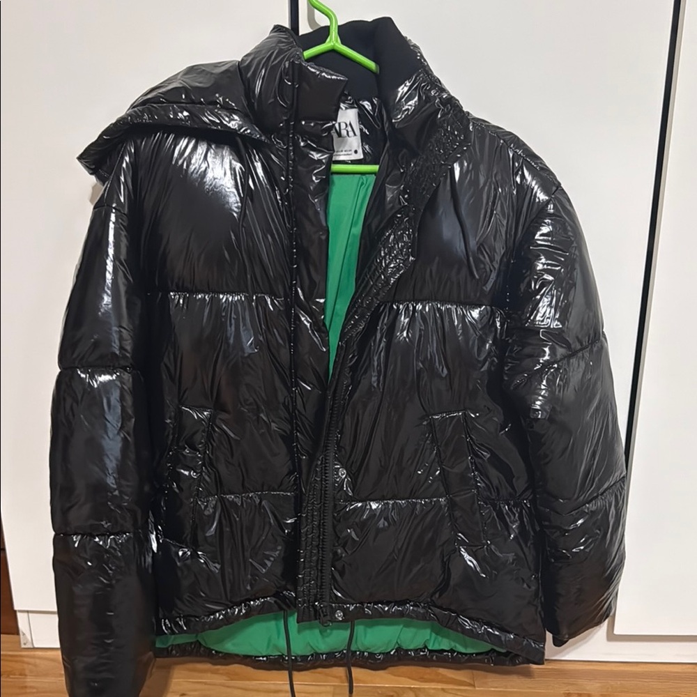 Zara Black Green Shiny Puffer Jacket - Picture 6 of 11